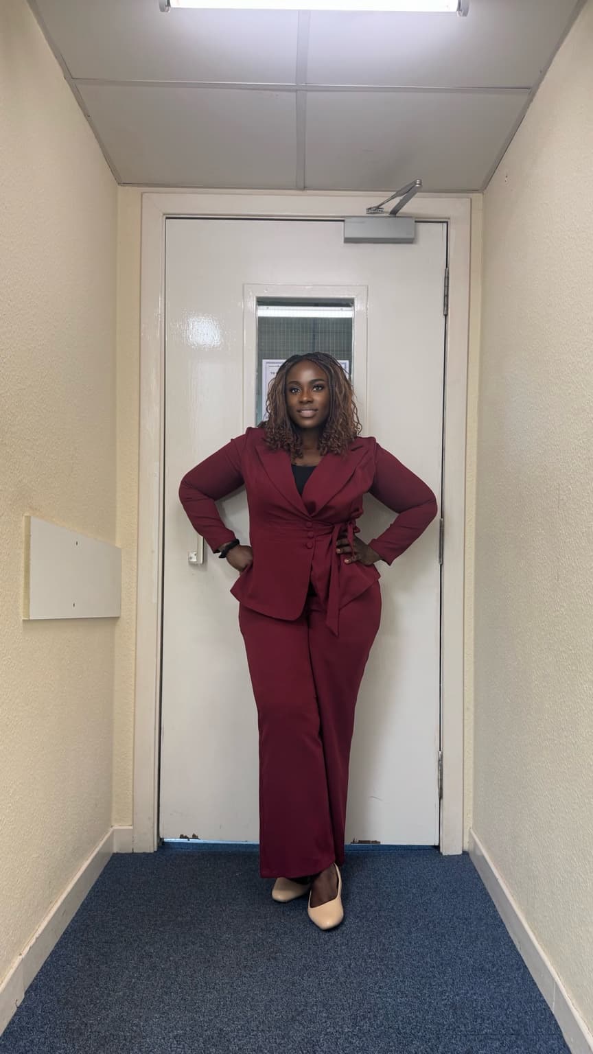 Imalue Nnabuchi in a burgundy professional suit