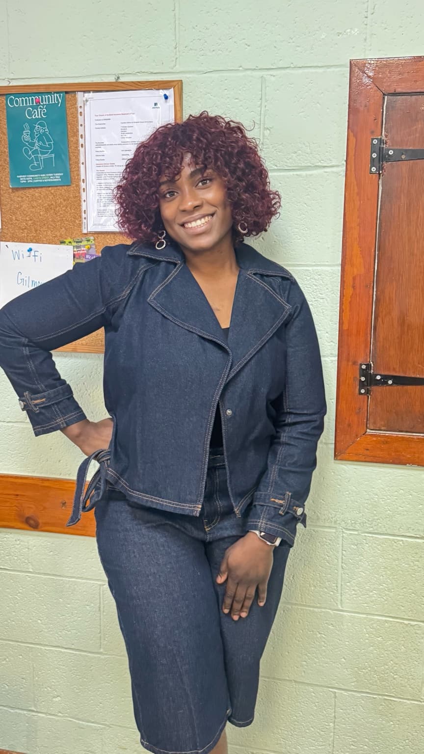 Imalue Nnabuchi in a relaxed denim outfit